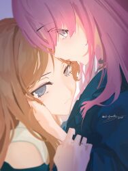2girls bang_dream! bang_dream!_it&#039;s_mygo!!!!! blue_eyes brown_hair chihaya_anon closed_mouth grey_eyes highres long_hair multiple_girls nagasaki_soyo necktie pink_hair simple_background skirt violahyacinthus yuri