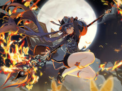 Rule 34 | 1girl, absurdres, arm up, black shirt, black shorts, brown hair, chinese clothes, coattails, collared coat, commentary request, fire, flower, flower-shaped pupils, genshin impact, grin, hat, hat flower, hat tassel, highres, holding, holding polearm, holding weapon, hu tao (genshin impact), jewelry, long hair, mochi upamo, moon, multiple rings, night, night sky, polearm, porkpie hat, red eyes, ring, shirt, shorts, sky, smile, socks, spear, staff of homa (genshin impact), symbol-shaped pupils, tailcoat, thumb ring, very long hair, weapon, white socks, wide sleeves