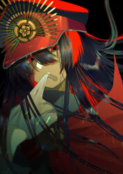 1girl biting biting_glove black_background black_hair cape crest family_crest fate/grand_order fate_(series) glove_in_mouth glove_pull gloves hair_between_eyes hat highres jacket kmot_ybsg long_hair looking_at_viewer mouth_hold mouth_pull oda_nobunaga_(fate) oda_uri peaked_cap red_cape red_eyes solo teeth_hold white_gloves