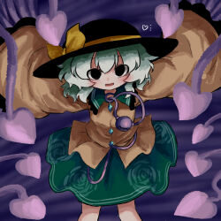 Rule 34 | 1girl, black eyes, black hat, blouse, bow, breasts, buttons, commentary request, diamond button, feet out of frame, floral print, frilled shirt collar, frilled sleeves, frills, green hair, green skirt, hat, hat bow, hat ribbon, heart, heripantomorrow, incoming attack, komeiji koishi, long sleeves, looking at viewer, medium hair, open mouth, print skirt, ribbon, rose print, serious, shirt, skirt, solo, touhou, wide sleeves, yellow bow, yellow ribbon, yellow shirt