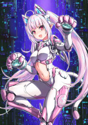 Rule 34 | 1girl, :d, absurdres, breasts, character request, copyright request, cyborg, fang, fish.boy, highres, joints, long hair, looking at viewer, mechanical ears, mechanical tail, navel, open mouth, paw pose, pink hair, pointy ears, prosthesis, prosthetic arm, red eyes, robot joints, small breasts, smile, solo, tail, twintails, very long hair