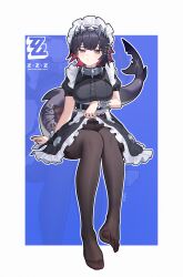 1girl absurdres apron black_dress black_hair black_pantyhose blush breasts clothes_lift colored_inner_hair commentary_request dress ellen_joe feet fins fish_tail highres legs lifting_own_clothes logo looking_at_viewer maid maid_apron maid_headdress medium_breasts medium_hair mole mole_under_eye multicolored_hair nishiki_(952451321) pantyhose red_eyes red_nails scar scar_on_tail shark_girl shark_tail simple_background sitting skirt skirt_lift solo spiked_headband tail white_apron zenless_zone_zero zoom_layer