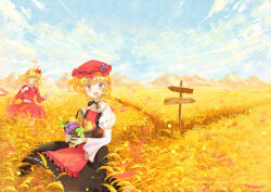 2girls absurdres aki_minoriko aki_shizuha apple apron basket black_dress blonde_hair blue_sky blush breasts buttons closed_mouth cloud cloudy_sky commentary_request direction_board dress falling_leaves food frilled_hat frills fruit fruit_basket grape_hat_ornament grapes hair_ornament hat highres holding holding_basket leaf leaf_hair_ornament long_sleeves looking_at_viewer medium_breasts mob_cap mountainous_horizon multiple_girls navel nywerya open_mouth pear pocket puffy_sleeves red_apron red_eyes red_hat red_shirt red_skirt shirt siblings signature sisters skirt sky touhou wheat_field wide_sleeves