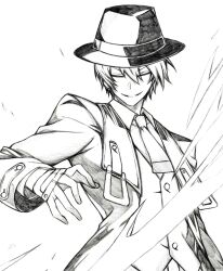 1boy blazblue buttons closed_eyes collared_shirt commentary_request graphite_(medium) greyscale hair_between_eyes hat hazama highres jacket male_focus monochrome necktie open_clothes open_jacket seishun_dendeke shirt short_hair smile solo standing top_hat traditional_media