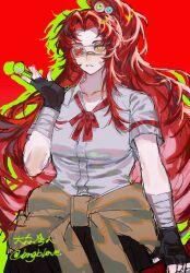 1girl alternate_costume bandaged_arm bandages black_gloves bngb_love brown_jacket candy clothes_around_waist disembodied_eye eyepatch fingerless_gloves food gebura_(project_moon) gloves highres jacket jacket_around_waist library_of_ruina lollipop long_hair looking_at_viewer parted_bangs ponytail project_moon red_background red_hair red_ribbon ribbon scar shirt sidelocks simple_background solo standing upper_body very_long_hair white_shirt yellow_eyes