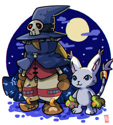 Rule 34 | 1boy, 1girl, 2024, absurdres, animal ears, animal hands, barefoot, blonde hair, blue cape, blue eyes, brown footwear, brown gloves, cape, cat ears, cat tail, claws, colored skin, crescent, digimon, digimon adventure, doctor anfelo, gloves, green eyes, hat, highres, holy ring, moon, paw gloves, simple background, tail, tailmon, two-tone fur, wizard hat, wizarmon, yellow gloves, zipper pull tab