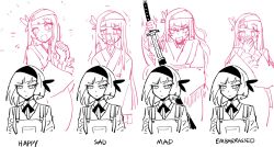 1girl adapted_costume angry apron blush closed_mouth commentary crying embarrassed english_commentary greyscale hairband happy highres japanese_clothes kaibootsu kimono konpaku_youmu konpaku_youmu_(ghost) long_hair looking_at_viewer monochrome multiple_expressions sad sheath short_hair touhou unsheathing upper_body