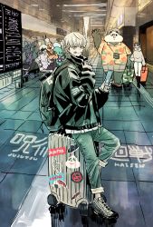 1girl 5boys animal backpack bag black_footwear black_hair black_jacket boots cellphone choso_(jujutsu_kaisen) closed_mouth copyright_name denim eso_(jujutsu_kaisen) facial_tattoo full_body getou_suguru grey_footwear hanami_(jujutsu_kaisen) hand_up highres holding holding_phone hood hoodie inumaki_toge jacket jeans jogo_(jujutsu_kaisen) jujutsu_kaisen kechizu_(jujutsu_kaisen) long_hair long_sleeves looking_at_viewer luggage mahito_(jujutsu_kaisen) monster multiple_boys panda pants phone ponytail purple_eyes rolling_suitcase sandals shirt shoes short_hair silver_hair sitting subway suitcase takeuchi_ryousuke tattoo white_hoodie white_pants yellow_shirt zen&#039;in_maki