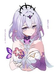 1girl absurdres black_tiara breasts_day bug butterfly butterfly_ornament castorice_(honkai:_star_rail) elbow_gloves flower flower_ornament gloves highres honkai:_star_rail honkai_(series) insect pointy_ears pomepome1207 purple_butterfly purple_flower purple_gloves purple_hair single_elbow_glove solo tiara translation_request