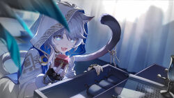 1girl absurdres ancient_greek_clothes animal_ear_fluff animal_ears bad_link black_gloves blue_eyes box cat_ears cat_girl cat_tail chalice choker cipher_(honkai:_star_rail) cloak cup curtains eavesdropping fang fingerless_gloves game_cg gloves greco-roman_clothes grey_hair highres holding holding_box honkai:_star_rail honkai_(series) hood hood_up hooded_cloak indoors key official_art open_mouth scroll short_hair smile solo sparkling_eyes tail white_cloak yellow_nails