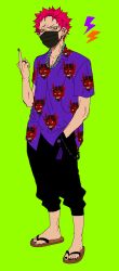 Rule 34 | 1boy, black mask, black nails, black pants, chain, chain necklace, cocked eyebrow, collarbone, collared shirt, covered mouth, demon print, ear piercing, flip-flops, full body, furrowed brow, green background, hand in pocket, hand up, harai kuko, highres, hypnosis mic, iria59, jewelry, lightning bolt symbol, looking at viewer, male focus, mask, middle finger, mouth mask, multiple piercings, necklace, pants, piercing, pink hair, plug (piercing), print shirt, purple shirt, ring, sandals, saturated, shirt, short hair, short sleeves, simple background, slit pupils, solo, spiked hair, standing, surgical mask, very short hair, wallet chain, yellow eyes