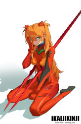 1girl absurdres blue_eyes bodysuit breasts clenched_teeth disgust full_body green_eyes hair_between_eyes hair_ornament heterochromia highres interface_headset_(evangelion) lance lance_of_longinus_(evangelion) long_hair looking_at_viewer mecha_pilot_suit medium_breasts narrow_waist neon_genesis_evangelion orange_hair plugsuit_(evangelion) polearm rebuild_of_evangelion red_bodysuit shaded_face shiny_clothes sitting skin_tight solo souryuu_asuka_langley surreal teeth thighs tsundere two_side_up weapon wide_hips