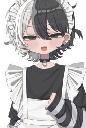 1other :d androgynous apron black_choker black_hair black_shirt choker cross cross_earrings ear_piercing earrings fang grey_eyes half-closed_eyes highres jewelry long_sleeves looking_at_viewer maid_headdress medium_hair multicolored_hair open_mouth original piercing shirt simple_background sleeves_past_wrists smile solo split-color_hair striped_sleeves two-tone_hair upper_body white_apron white_background white_hair yamada_heiki