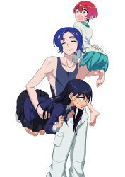 1boy 2girls absurdres amate_yuzuriha aqua_skirt barefoot black_hair black_skirt black_tank_top blue_hair blush carrying carrying_person charka dark-skinned_female dark_skin feet gundam gundam_gquuuuuux highres multiple_girls nyaan_(gundam_gquuuuuux) red_hair school_uniform shirt shuji_ito simple_background skirt sleeveless sleeveless_shirt sweatdrop tank_top