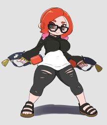 Rule 34 | 1girl, black hoodie, black pants, black sandals, breasts, drill hair, dual wielding, glasses, gradient hair, grey background, gun, highres, holding, holding gun, holding weapon, hood, hoodie, large breasts, long hair, long sleeves, looking at viewer, miyazero, multicolored hair, nintendo, octoling, octoling girl, octoling player character, octopus girl, orange eyes, orange hair, pants, pink hair, pointy ears, sandals, smile, splat dualies (splatoon), splatoon (series), standing, suction cups, tentacle hair, thick thighs, thighs, torn clothes, torn pants, two-tone hair, weapon, wide hips