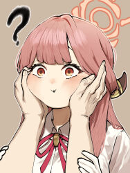 1boy 1girl ? absurdres aru_(blue_archive) blue_archive blunt_bangs blush chroong commentary_request gloves halo hands_on_another&#039;s_face highres horns korean_commentary long_hair parted_lips pink_hair red_eyes single_horn white_gloves