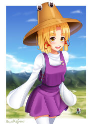 Rule 34 | 1girl, absurdres, aron, artist name, blacksaikou, blonde hair, blue sky, blush, border, breasts, brown hat, cloud, commentary, cowboy shot, crossover, curtained hair, day, english commentary, gen 3 pokemon, hair ribbon, hat, highres, long sleeves, looking at viewer, miniskirt, moriya suwako, mountainous horizon, nintendo, open mouth, outdoors, outside border, pokemon, pokemon (creature), purple skirt, purple vest, red ribbon, ribbon, shirt, short hair, skirt, skirt set, sky, sleeves past fingers, sleeves past wrists, small breasts, smile, solo, teeth, thick eyebrows, thighhighs, touhou, upper teeth only, vest, white border, white shirt, white thighhighs, wide sleeves, yellow eyes, zettai ryouiki