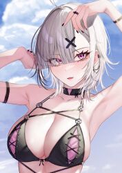 1girl ahoge breasts cleavage collarbone eyes_visible_through_hair grey_hair gurumyuu hair_ornament hair_over_one_eye highres large_breasts looking_at_viewer mole mole_under_eye nijisanji open_mouth purple_eyes solo sukoya_kana virtual_youtuber x x_hair_ornament