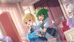 2girls :d ^_^ ahoge andou_tazusa antenna_hair assault_lily behind_another black_dress black_ribbon blonde_hair blue_bow blue_dress blush bow closed_eyes clothes_in_front clothes_rack commentary_request copyright_notice door dress dutch_angle elbow_gloves flower frilled_sleeves frills fuyoyo gloves green_hair grey_dress grey_gloves grey_ribbon grey_thighhighs hair_between_eyes hair_ribbon half_gloves hands_up holding holding_unworn_clothes holding_unworn_dress indoors layered_dress leaning_forward looking_ahead multiple_girls official_alternate_costume official_art open_mouth picture_frame pink_dress ponytail puffy_short_sleeves puffy_sleeves purple_flower purple_rose red_bow red_dress red_eyes ribbon rose short_sleeves smile standing thighhighs two-tone_dress two-tone_ribbon two_side_up unworn_dress yellow_ribbon yoshimura_thi_mai zettai_ryouiki