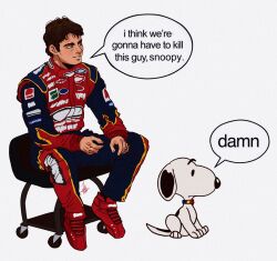 1boy black_eyes blue_eyes brown_hair chevrolet commentary crossover dog english_commentary english_text hair_behind_ear highres i_think_we&#039;re_gonna_have_to_kill_this_guy_steven_(meme) jeff_gordon logo looking_to_the_side male_focus meme nascar parted_lips peanuts_(comic) racing_suit real_life red_footwear schumisnoopy shoes signature simple_background sitting sneakers snoopy
