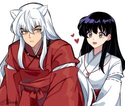 1boy 1girl absurdres animal_ears bead_necklace beads black_hair breasts brown_eyes dog_boy dog_ears frown furrowed_brow hair_between_eyes highres higurashi_kagome inuyasha inuyasha_(character) japanese_clothes jewelry light_blush long_hair medium_breasts miko necklace open_mouth red_shirt shirt sidelocks smile tiroma tooth_necklace twitter_username upper_body white_background white_hair white_shirt yellow_eyes