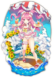 1girl absurdres ayame_(3103942) beach_umbrella bikini breasts chair choker cleavage cloud commentary_request cream cup drink drinking_straw flower food frilled_bikini frilled_choker frilled_thigh_strap frills full_body hair_ornament highres holding holding_tray ice_cream ice_cream_cup looking_at_viewer ocean original pink_hair pom_pom_(clothes) pom_pom_hair_ornament red_shoes sand shoes solo starfish sunflower swimsuit table thigh_strap toes tray two_side_up umbrella white_bikini white_choker