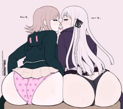 2girls absurdres ass blush butt_crack clothes_lift danganronpa_(series) french_kiss highres hood hoodie huge_ass kirigiri_kyoko kiss multiple_girls nanami_chiaki panties pink_hair purple_hair redvenvs skirt skirt_lift sweat thighhighs thong tongue underwear yuri