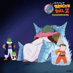 4boys antenna antennae aura bald bald_male black_eyes colored_skin dende dragon_ball dragon_ball_(object) green_skin kuririn multiple_boys nail_(dragon_ball) namekian potential_unleashed powering_up saichoro