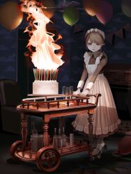 1girl absurdres apron balloon birthday birthday_cake black_dress black_shoes bottle brown_dress brown_eyes brown_hair bucket cake ceiling_fan collared_dress cup dark_room door dress empty_eyes fire fireplace food frilled_apron frills full_body high_heels highres indoors juliet_sleeves long_sleeves looking_at_viewer maid maid_headdress original puffy_sleeves serving_cart shoes short_hair smile solo standing string_of_flags test_norma1 too_many_candles white_apron