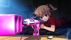 1girl aiming angry anti-materiel_rifle barrett_m82 bipod black_bow black_necktie black_skirt bow brown_hair cellphone computer cute_weapon foreshortening fumio_(ura_fmo) game_cg grisaia_(series) grisaia_no_rakuen gun hair_bow holding holding_gun holding_weapon indoors irisu_makina laptop large_variant_set lying necktie non-web_source official_art on_stomach open_mouth phone plaid_clothes plaid_shirt pleated_skirt red_eyes red_shirt rifle scope shirt short_hair short_sleeves short_twintails skirt smartphone sniper_rifle solo twintails usb_cable variant_set weapon wooden_floor