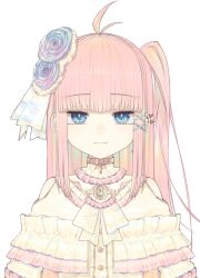 1girl ahoge antenna_hair bare_shoulders blue_eyes blue_flower blue_hair blue_rose bow bowtie brooch brown_choker buttons capelet choker closed_mouth clothing_cutout colored_inner_hair commentary_request diamond_hair_ornament dress_shirt flower frilled_capelet frilled_shirt_collar frilled_sleeves frills gold_trim hair_bow hair_flower hair_ornament jewelry long_hair long_sleeves looking_at_viewer multicolored_hair original pink_hair rabbit_brooch riuichi rose shirt shoulder_cutout side_ponytail sidelocks simple_background smile solo sparkling_eyes straight-on upper_body white_background white_bow white_bowtie x_hair_ornament