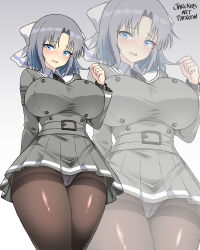 1girl arms_behind_back artist_name black_pantyhose black_ribbon blue_eyes blush bow breasts collared_shirt dress eyebrows_hidden_by_hair gessen_academy_school_uniform grey_dress grey_hair hair_bow highres jarckius large_breasts neck_ribbon open_mouth panties pantyhose pantyshot playing_with_own_hair ribbon school_uniform senran_kagura shirt short_hair solo standing striped_bow thigh_focus thighs tongue underwear white_bow yumi_(senran_kagura)