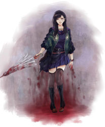 Rule 34 | 1girl, akb48, bad id, bad pixiv id, belt, black hair, black thighhighs, blood, boots, bracelet, delinquent, female focus, gekikara (majisuka gakuen), highres, jacket, jewelry, kacyu, long hair, looking at viewer, majisuka gakuen, matsui rena, necklace, open mouth, pleated skirt, purple eyes, school uniform, serafuku, ske48, skirt, sleeves pushed up, smile, solo, standing, thighhighs, umbrella, zettai ryouiki