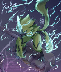 Rule 34 | artist name, claws, electricity, english text, gen 7 pokemon, highres, horns, legendary pokemon, mythical pokemon, nintendo, pokemon, pokemon (creature), single horn, solo, tokkempon, traffic light, watermark, yellow fur, zeraora