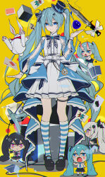 3girls absurdres ace_(playing_card) ace_of_diamonds ace_of_spades apple aqua_hair black_bow black_hair black_shoes blue_brooch blue_dress blue_eyes blush_stickers bow card character_request chibi chromatic_aberration commentary_request copyright_request dagger diamond_(shape) dress five_of_clubs food footwear_bow fruit hat hatsune_miku highres horns joker_(playing_card) kneehighs knife long_hair milk_carton mini_hat mini_top_hat multiple_girls multiple_persona playing_card purple_eyes rabbit sanpaku shoes simple_background skin-covered_horns socks spade_(shape) striped_clothes striped_socks tiandingfengren top_hat twintails very_long_hair vocaloid weapon white_hair yellow_background