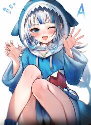 1girl absurdres blue_eyes blue_hair blue_hoodie blush gawr_gura gawr_gura_(1st_costume) highres hololive hololive_english hood hood_up hoodie maru_ccy open_mouth sharp_teeth simple_background sitting solo teeth virtual_youtuber white_background