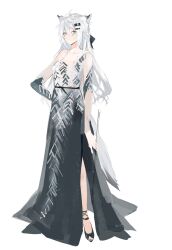 1girl absurdres alternate_costume animal_ears arknights bare_shoulders black_dress blue_eyes bow_(music) breasts dress full_body hair_ornament hairclip hand_on_own_hip highres holding holding_bow_(music) lappland_(arknights) long_dress long_hair meng_ziya simple_background sleeveless sleeveless_dress small_breasts solo standing tail white_background white_hair wolf_ears wolf_girl wolf_tail