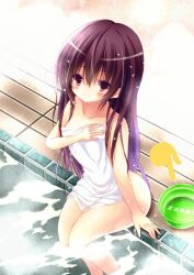 Rule 34 | 1girl, basin, brown hair, collarbone, feet out of frame, kamiya yuuji, kantai collection, kisaragi (kancolle), long hair, naked towel, purple eyes, soaking feet, solo, towel, water, wooden floor