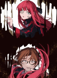 Rule 34 | 1boy, 1girl, :o, bags under eyes, bandaid, bandaid on cheek, bandaid on face, beard stubble, black jacket, black ribbon, brown eyes, brown hair, constricted pupils, death, facial hair, gauze, gauze over eye, glasses, gregor (project moon), grey eyes, hair ribbon, highres, jacket, limbus company, long hair, long sleeves, low ponytail, mustache stubble, nakame77, open mouth, pink hair, ponytail, project moon, reaching, reaching towards viewer, ribbon, simple background, spoilers, stubble, white background, yuri (project moon)