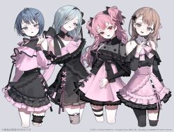 4girls :o arm_at_side arm_behind_back asymmetrical_bangs asymmetrical_legwear bare_shoulders black_bow black_flower black_thighhighs blue_eyes blue_hair bow bow_skirt braid brown_hair brown_nails buttons center_frills clothing_cutout collarbone commentary_request company_name copyright_notice cropped_legs cross-laced_clothes cross-laced_dress cross-laced_skirt cross-laced_slit detached_collar double-parted_bangs dress earrings flower frilled_dress frilled_shirt frilled_sleeves frilled_thigh_strap frills grey_background grey_eyes hair_behind_ear hair_between_eyes hair_bow hair_flower hair_ornament hair_over_one_eye halterneck hanasato_minori hand_ip head_tilt heart heart_button heart_earrings high-waist_skirt highres hinomori_shizuku jewelry jirai_kei karo_(karohroka) kiritani_haruka long_hair long_sleeves looking_at_viewer medium_hair miniskirt mole mole_under_mouth momoi_airi more_more_jump!_(project_sekai) multiple_girls nail_polish open_mouth pale_skin pink_bow pink_hair pink_ribbon pink_shirt pink_skirt project_sekai red_eyes ribbon ribbon-trimmed_dress ribbon-trimmed_skirt ribbon_trim ring shirt shirt_tucked_in short_dress short_hair shoulder_cutout simple_background single_braid single_off_shoulder skindentation skirt sleeve_bow smile teeth thigh_strap thighhighs two_side_up upper_teeth_only watermark web_address