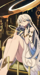 1girl absurdres braid commentary english_commentary genshin_impact grey_hair hair_between_eyes highres istaroth_(genshin_impact) long_braid long_hair single_braid solo stteroo very_long_hair yellow_eyes