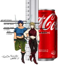 2boys adapted_costume alternate_costume alternate_ears blonde_hair blue_hair boots can coca-cola crop_top cropped_shirt crossover dio_brando disney_fairies_(book_series) disney_fairies_(movie_series) drink_can fairy fairy_wings garuye height height_chart jojo_no_kimyou_na_bouken jonathan_joestar lips long_hair male_focus midriff mini_person miniboy multiple_boys muscular pants phantom_blood plant_clothing pointy_ears ruler shirt smile soda_can stardust_crusaders tall_male wings