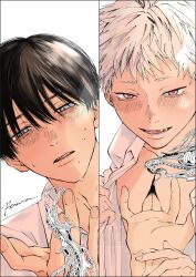 Rule 34 | 2boys, arm up, black hair, blue eyes, collared shirt, commentary request, fingernails, hand on another&#039;s wrist, highres, hikaru ga shinda natsu, hole in chest, hole on body, indou hikaru, jubileeleep, male focus, multiple boys, open clothes, open mouth, open shirt, red pupils, shirt, sweat, teeth, tongue, tsujinaka yoshiki, upper body, upper teeth only, white background, white hair, white shirt