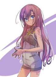1girl ahoge alternate_hairstyle bare_arms bare_shoulders blue_eyes bodysuit breasts brown_hair cowboy_shot curly_hair dark-skinned_female dark_skin eyebrows facing_viewer faunus_(rwby) female_focus hair_between_eyes hair_down iesupa ilia_amitola long_hair looking_at_viewer medium_breasts own_hands_together parted_lips rwby simple_background solo spots standing steepled_fingers teeth very_long_hair white_background zipper
