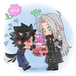 !? &gt;_&lt; 2boys animal_ears armor bag baggy_pants bandaid bandaid_on_arm black_coat black_gloves black_hair blue_pants blue_sweater blush chest_strap closed_eyes coat commentary cookie crisis_core_final_fantasy_vii crylin6 dated deformed dog_ears dog_tail english_commentary final_fantasy final_fantasy_vii flower food from_side full-face_blush full_body gift gloves green_eyes grey_hair heart heart-shaped_food height_difference holding holding_bag holding_gift long_hair looking_at_another male_focus multiple_boys pants parted_bangs sephiroth shoulder_armor spiked_hair standing sweater tail tail_wagging white_day zack_fair