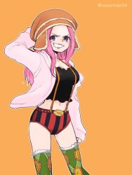 anti-eyebrow_piercing black_shirt cowboy_shot crop_top green_thighhighs hand_on_own_hat hat highres jewelry_bonney long_hair one_piece orange_background pink_hair purple_eyes shirt shorts simple_background smile sumomo_(momoringo56) suspenders thighhighs twitter_username
