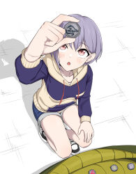 1girl anglediana arm_up bang_dream! bang_dream!_it&#039;s_mygo!!!!! blue_hoodie blue_shorts brown_eyes chinese_commentary commentary_request copyright_request grey_hair highres hood hood_down hoodie long_sleeves open_mouth parody_request shadow short_hair shorts solo squatting takamatsu_tomori variant_set
