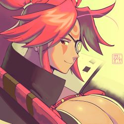 1girl baiken breasts cleavage eyebrow_visible_through_hair eyebrows eyepatch facepaint guilty_gear guilty_gear_strive guilty_gear_xrd hardkoba high_collar high_ponytail highres huge_breasts looking_at_viewer pink_hair ponytail red_eyes sidelocks smile solo sword weapon
