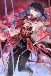 1girl absurdres arm_up bandage_over_one_eye black_pantyhose braid breasts chinese_commentary closed_mouth commentary_request detached_sleeves dress flower grey_hair highres holding holding_flower long_hair looking_at_viewer low_twin_braids milbi pantyhose phrolova_(wuthering_waves) red_dress red_flower red_pupils red_sleeves single_detached_sleeve small_breasts smile solo tacet_mark_(wuthering_waves) twin_braids white_eyes wuthering_waves