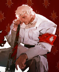 Rule 34 | 1boy, absurdres, breast pocket, commentary, facial hair, gun, highres, long sleeves, male focus, marley military uniform, one eye covered, pocket, reiner braun, rifle, shingeki no kyojin, short hair, solo, stubble, tixili, weapon, white hair
